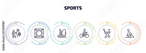 sports infographic element with outline icons and 6 step or option. sports icons such as adventure, dohyo, fishing man, man riding bike, man playing badminton, person riding on sleigh vector. photo