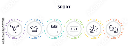 sport infographic element with outline icons and 6 step or option. sport icons such as weightlifter, football jersey, tower from a chess, soccer field, man windsurfing, boxing gloves vector.