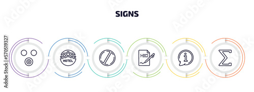 signs infographic element with outline icons and 6 step or option. signs icons such as therefore, round hotel, prohibition circle, , information, the sum of vector.
