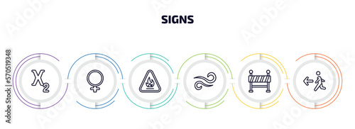 signs infographic element with outline icons and 6 step or option. signs icons such as subscript, female, fire hazard, wind, under, emergency exit vector.
