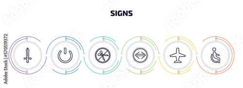 signs infographic element with outline icons and 6 step or option. signs icons such as weapon, power button, no cut, maths, airport, disability vector.