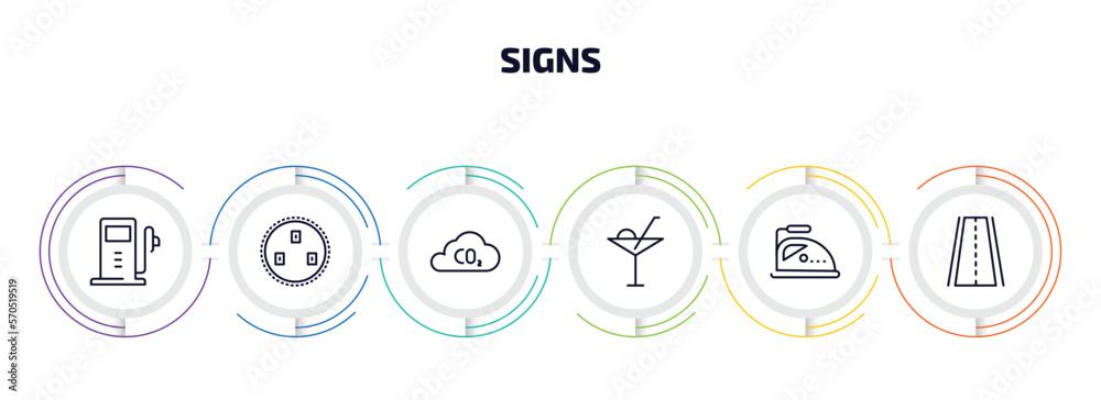 signs infographic element with outline icons and 6 step or option. signs icons such as gas station, because, co2, drinks, ironing, roads vector. signs infographic element with outline icons and 6 step or option. signs icons such as gas station, because, co2, drinks, ironing, roads vector.