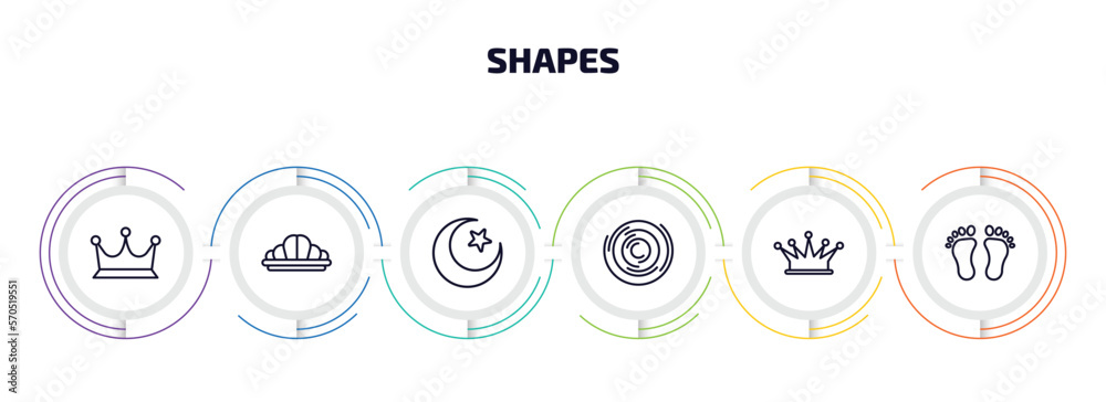 shapes infographic element with outline icons and 6 step or option. shapes icons such as royalties, reign, islamic moon, circles, royalty, human foot prints vector. shapes infographic element with outline icons and 6 step or option. shapes icons such as royalties, reign, islamic moon, circles, royalty, human foot prints vector.