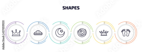 shapes infographic element with outline icons and 6 step or option. shapes icons such as royalties, reign, islamic moon, circles, royalty, human foot prints vector.