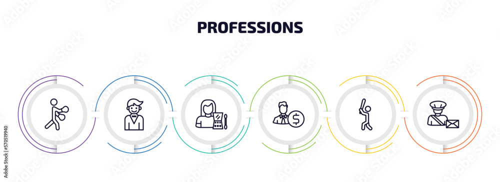 professions infographic element with outline icons and 6 step or option. professions icons such as boxer, actor, makeup artist, accountant, baseball player, postman vector. professions infographic element with outline icons and 6 step or option. professions icons such as boxer, actor, makeup artist, accountant, baseball player, postman vector.