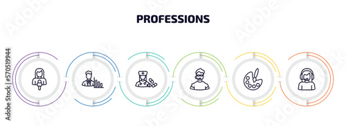 professions infographic element with outline icons and 6 step or option. professions icons such as journalist, statistician, pharist, bouncer, artist, callcenter vector.