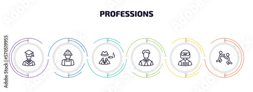 professions infographic element with outline icons and 6 step or option. professions icons such as graduated, builder, mafia, office worker, racer, wrestling vector.