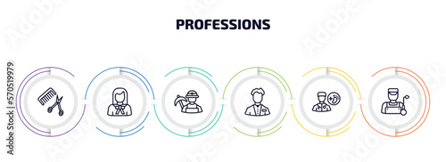 professions infographic element with outline icons and 6 step or option. professions icons such as hairdresser, lawyer, miner, clerk, podiatrist, welder vector.