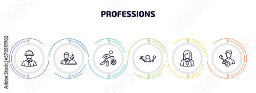 professions infographic element with outline icons and 6 step or option. professions icons such as civil engineer, waiter, basketball player, archeologist, baby sitter, musician vector.