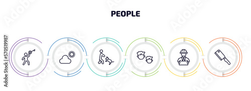 people infographic element with outline icons and 6 step or option. people icons such as man with big key, weathercaster, dog trainer, , architech working, butcher with knife vector.