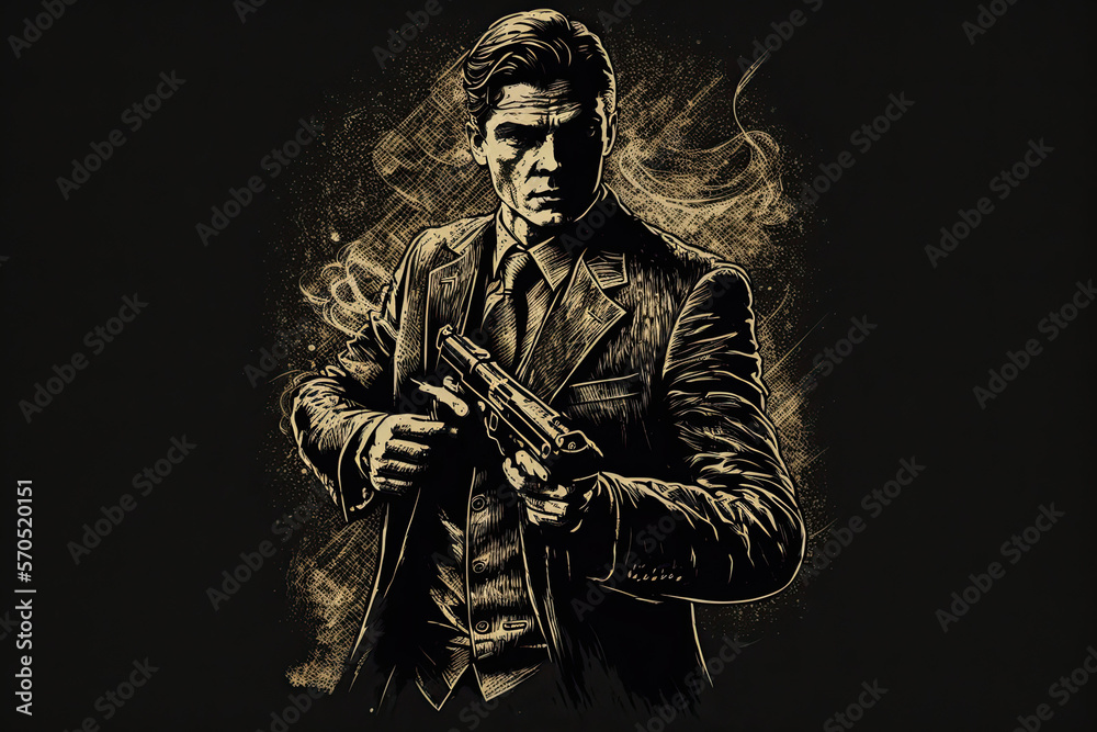 Illustration of a man with a gun. Logo. Mafia, gangster. Design. Generative artificial intelligence. Illustration of a man with a gun. Logo. Mafia, gangster. Design. Generative artificial intelligence.