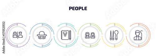 people infographic element with outline icons and 6 step or option. people icons such as restroom  zorro  pencil and notebook  friends  korean  shepherd vector.
