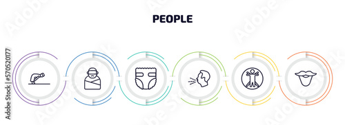 people infographic element with outline icons and 6 step or option. people icons such as ruku, kidnapping, baby diaper, cough, vitruvian man, beard vector.