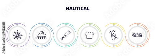 nautical infographic element with outline icons and 6 step or option. nautical icons such as helm, sea, nautical monocular, shirt, one kayak, binocular vector.