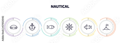 nautical infographic element with outline icons and 6 step or option. nautical icons such as sailor hat, big anchor, fish facing right, boat steering wheel, shark, buoys vector.