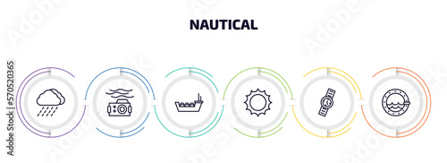nautical infographic element with outline icons and 6 step or option. nautical icons such as rainy cloud, water resist camera, tanker ship, sun shining, water resist watch, porthole vector.