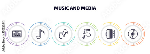 music and media infographic element with outline icons and 6 step or option. music and media icons such as music keyboard, semiquaver, jazz, bagpipes, accordion, record vector.