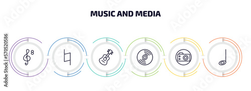 music and media infographic element with outline icons and 6 step or option. music and media icons such as octave clef, natural, ukelele, cd, photo camera, half note vector.