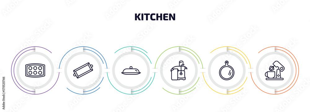 kitchen infographic element with outline icons and 6 step or option. kitchen icons such as muffin pan, tray, platter, juicer, chopping board, mixer vector.