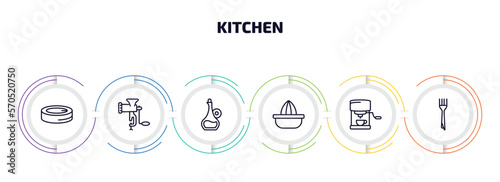 kitchen infographic element with outline icons and 6 step or option. kitchen icons such as conserve, meat grinder, olive oil, squeezer, coffee hine, fork vector.