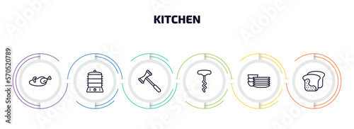 kitchen infographic element with outline icons and 6 step or option. kitchen icons such as broiler, steamer, meat tenderizer, corkscrew, dishes, molded vector.