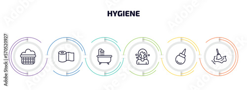 hygiene infographic element with outline icons and 6 step or option. hygiene icons such as laundry basket, paper towel, bathroom, face washer, l aspirator, wet cleaning vector.
