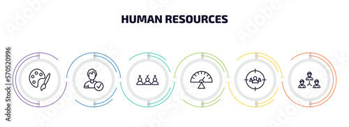 human resources infographic element with outline icons and 6 step or option. human resources icons such as art, candidate, selection process, , target audience, teamwork vector.