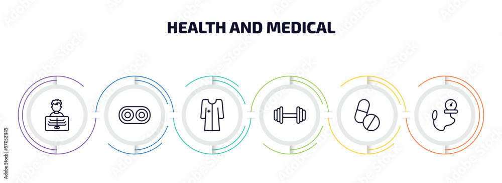 health and medical infographic element with outline icons and 6 step or option. health and medical icons such as x ray, optometrist, patient robe, exercise, pills, tonometer vector. health and medical infographic element with outline icons and 6 step or option. health and medical icons such as x ray, optometrist, patient robe, exercise, pills, tonometer vector.