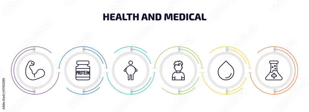 health and medical infographic element with outline icons and 6 step or option. health and medical icons such as biceps, proteins, fat, boy, blood drop, medical substance vector.
