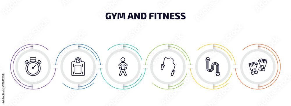 gym and fitness infographic element with outline icons and 6 step or option. gym and fitness icons such as big stopwatch, weighing scale, stick man hoop, skip rope, chest expanders, fitness gloves gym and fitness infographic element with outline icons and 6 step or option. gym and fitness icons such as big stopwatch, weighing scale, stick man hoop, skip rope, chest expanders, fitness gloves