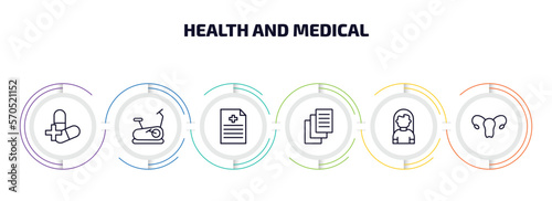 health and medical infographic element with outline icons and 6 step or option. health and medical icons such as antibiotics, stationary bike, medical file, records, girl, gynecology vector.