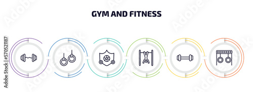 gym and fitness infographic element with outline icons and 6 step or option. gym and fitness icons such as dumbbells bar, gymnastic rings, elevation mask, exercise hang bar, exercising dumbbell,