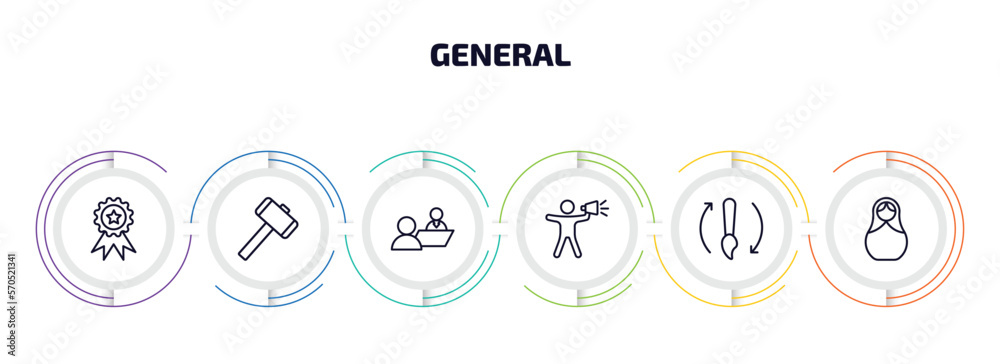 general infographic element with outline icons and 6 step or option. general icons such as win, sledgehammer, job interview, leader with loudspeaker, history brush, matryoshka vector. general infographic element with outline icons and 6 step or option. general icons such as win, sledgehammer, job interview, leader with loudspeaker, history brush, matryoshka vector.