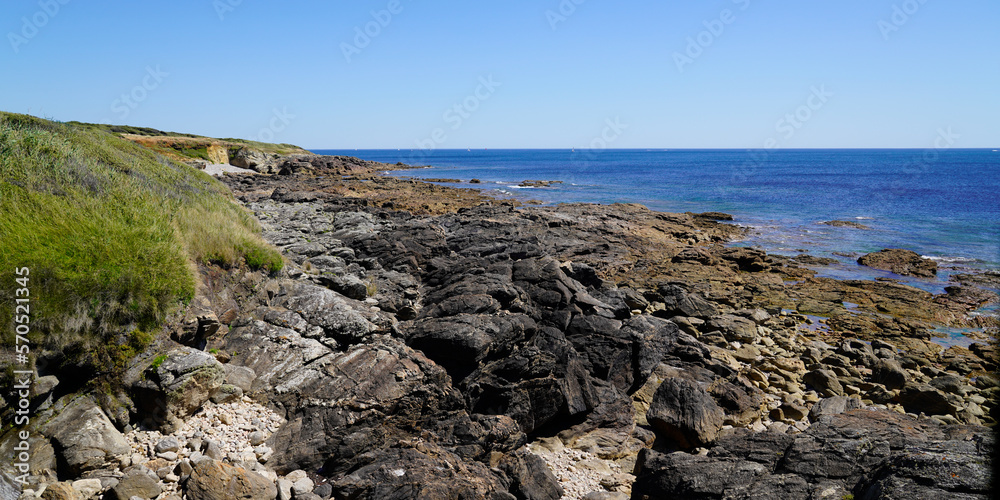 pathway coast rocks ocean beach sea stones in Talmont-Saint-Hilaire vendee Atlantic in france
