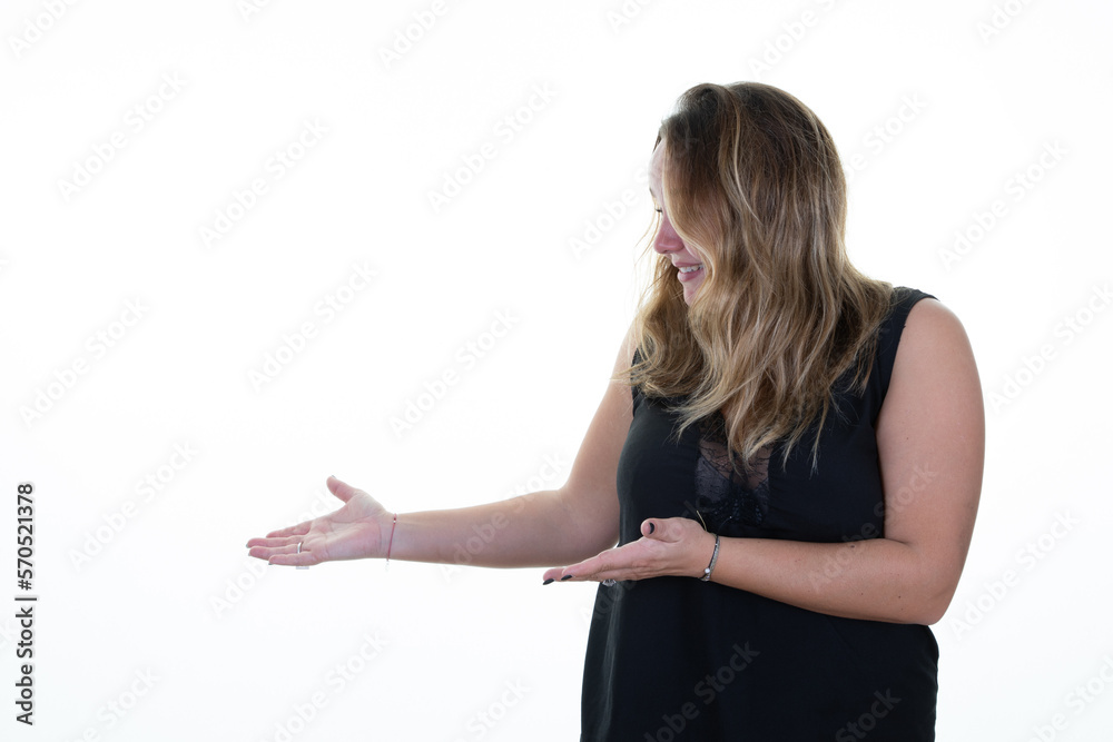 curvy woman side presenting open palm hands demonstrating something object right side curvy woman side presenting open palm hands demonstrating something object right side