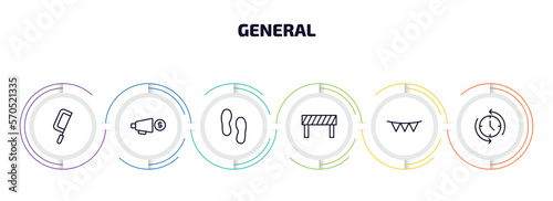 general infographic element with outline icons and 6 step or option. general icons such as fretsaw, marketing budget, steps, traffic barriers, party decoration, rewind time vector.