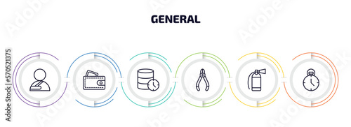 general infographic element with outline icons and 6 step or option. general icons such as shoulder immobilizer, card wallet, real time data, nippers, fire estinguisher, analog stopwatch vector.