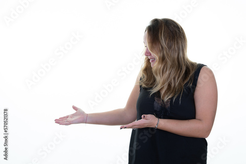 curvy woman side presenting open palm hands demonstrating something object right side