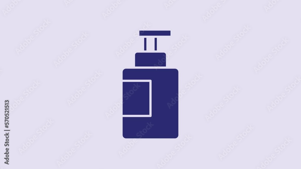 Blue Hand sanitizer bottle icon isolated on purple background. Disinfection concept. Washing gel. Alcohol bottle for hygiene. 4K Video motion graphic animation Blue Hand sanitizer bottle icon isolated on purple background. Disinfection concept. Washing gel. Alcohol bottle for hygiene. 4K Video motion graphic animation