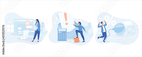 Characters having financial problems, debts and loans. People holding long bill, reading letter from collection agency and carrying debt.set flat vector modern illustration