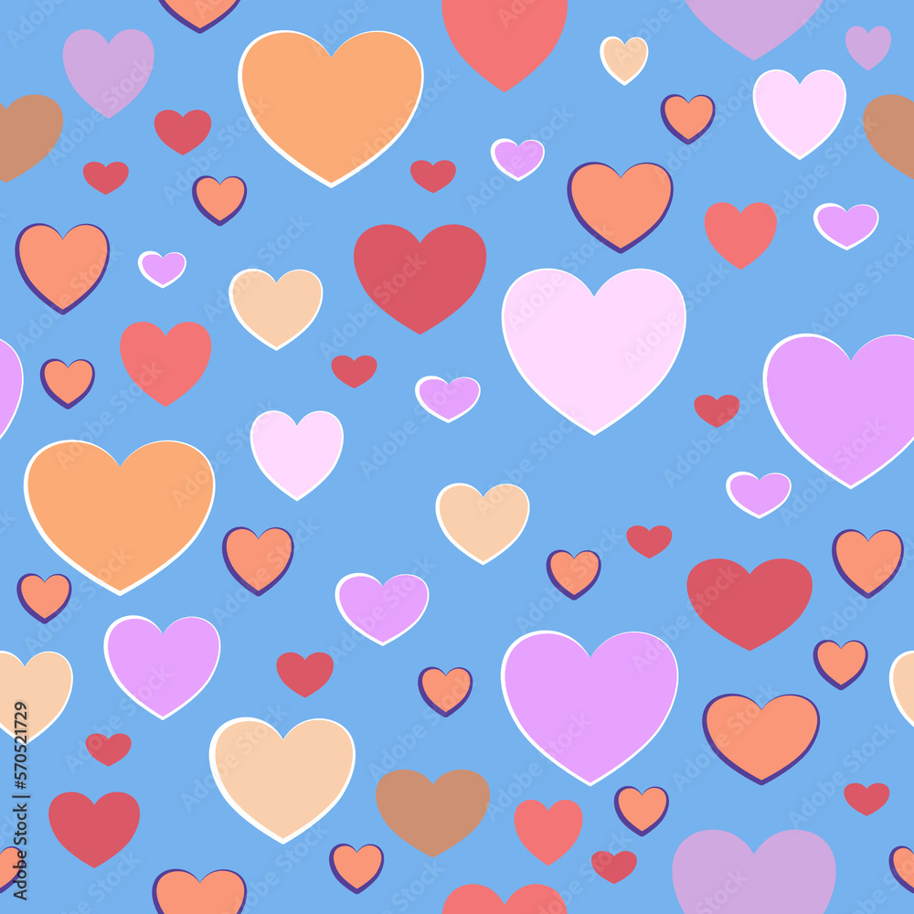 Seamless pattern of abstract hearts in pink and yellow shades on a light blue background for textile.