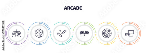 arcade infographic element with outline icons and 6 step or option. arcade icons such as joystick, dice, pinball, racing, poker chip, pc game vector.