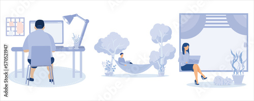 Working at home, coworking space, concept illustration. Young people, man and woman freelancers working on laptops and computers at home. People at home in quarantine. set flat vector modern illustrat