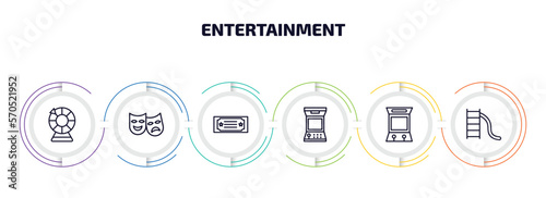 entertainment infographic element with outline icons and 6 step or option. entertainment icons such as lottery game, theater, gold ticket, arcade game, arcade hine, toboggan vector.