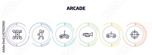 arcade infographic element with outline icons and 6 step or option. arcade icons such as tic tac toe, dance, game, soprano, super, shooter vector.