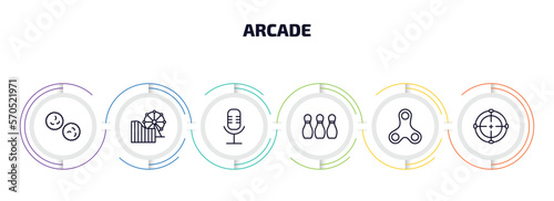 arcade infographic element with outline icons and 6 step or option. arcade icons such as pom pom, amusement park, voice acting, bowling pins, spinner, shooting game vector.