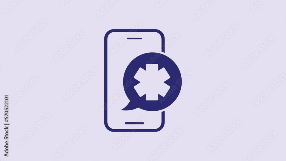 Blue Emergency mobile phone call to hospital icon isolated on purple background. 4K Video motion graphic animation Blue Emergency mobile phone call to hospital icon isolated on purple background. 4K Video motion graphic animation