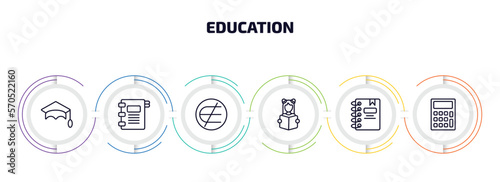 education infographic element with outline icons and 6 step or option. education icons such as graduation mortarboard, agenda with bookmarks, is not an element of, reading book, notebook with