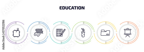 education infographic element with outline icons and 6 step or option. education icons such as sticky note, book and glasses, exams, plant sample, black folder, writing whiteboard vector.