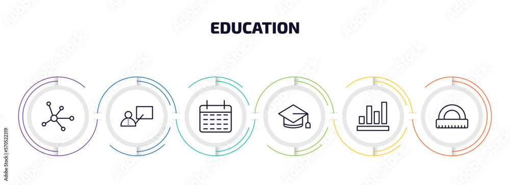 education infographic element with outline icons and 6 step or option. education icons such as molecular bond, teacher with stick, monthly calendar, graduating, numbers, semicircle with ruler education infographic element with outline icons and 6 step or option. education icons such as molecular bond, teacher with stick, monthly calendar, graduating, numbers, semicircle with ruler